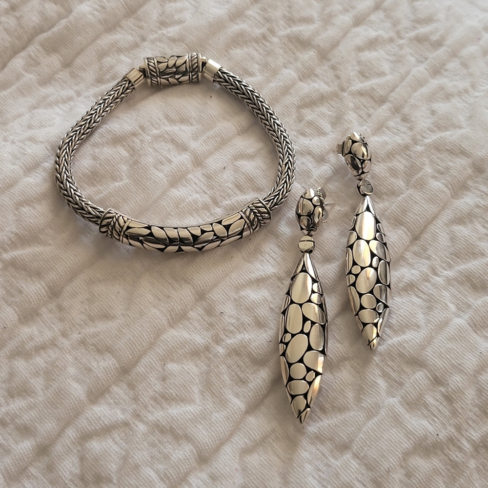 Brand New John Hardy Sterling Silver Marquise Drop Earrings and Bracelet